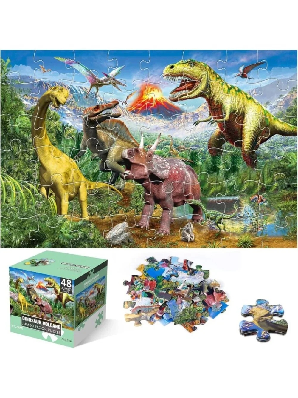 Jumbo 48-Piece Dinosaur Volcano Floor Puzzle for Kids, Fun Educational Toy Ages